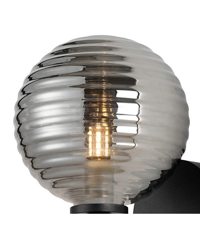 Tivoli Short Arm Wall Light 1 Light G9 IP44 Satin Black/Smoke Ribbed Round Glass-5