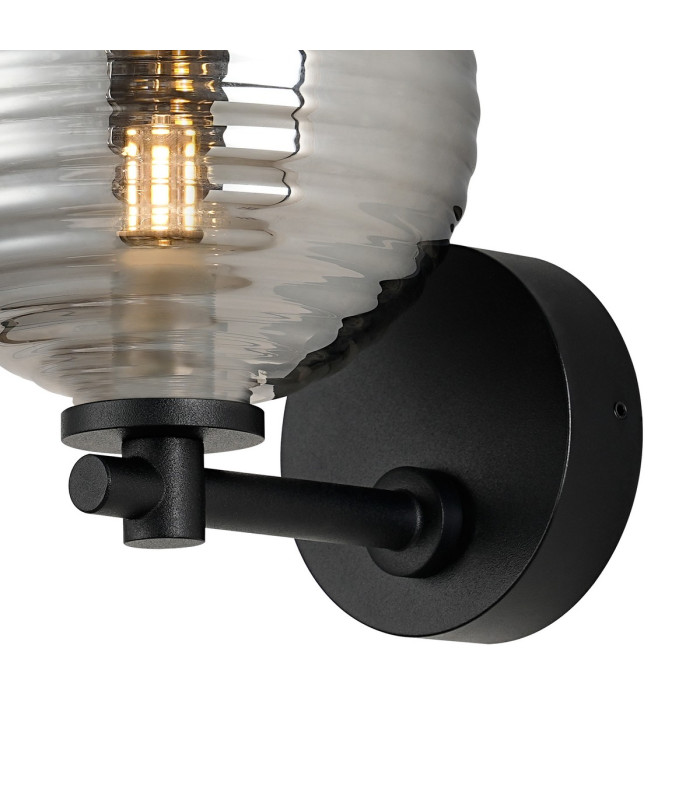 Tivoli Short Arm Wall Light 1 Light G9 IP44 Satin Black/Smoke Ribbed Round Glass-6
