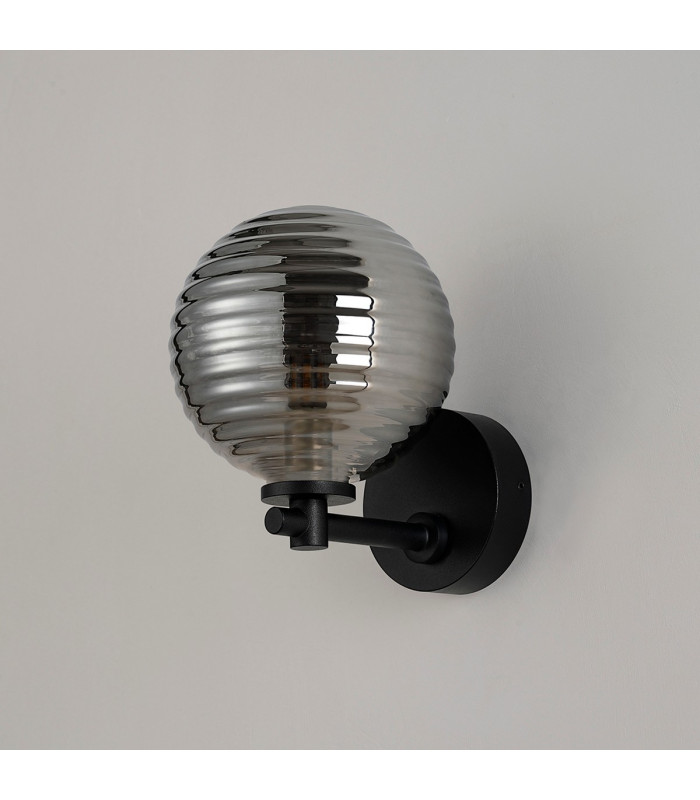 Tivoli Short Arm Wall Light 1 Light G9 IP44 Satin Black/Smoke Ribbed Round Glass-7