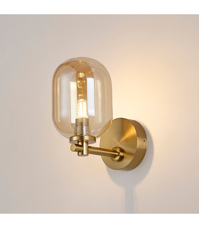 Tivoli Short Arm Wall Light 1 Light G9 IP44 Brass Gold/Amber Smooth Tubular Glass-3