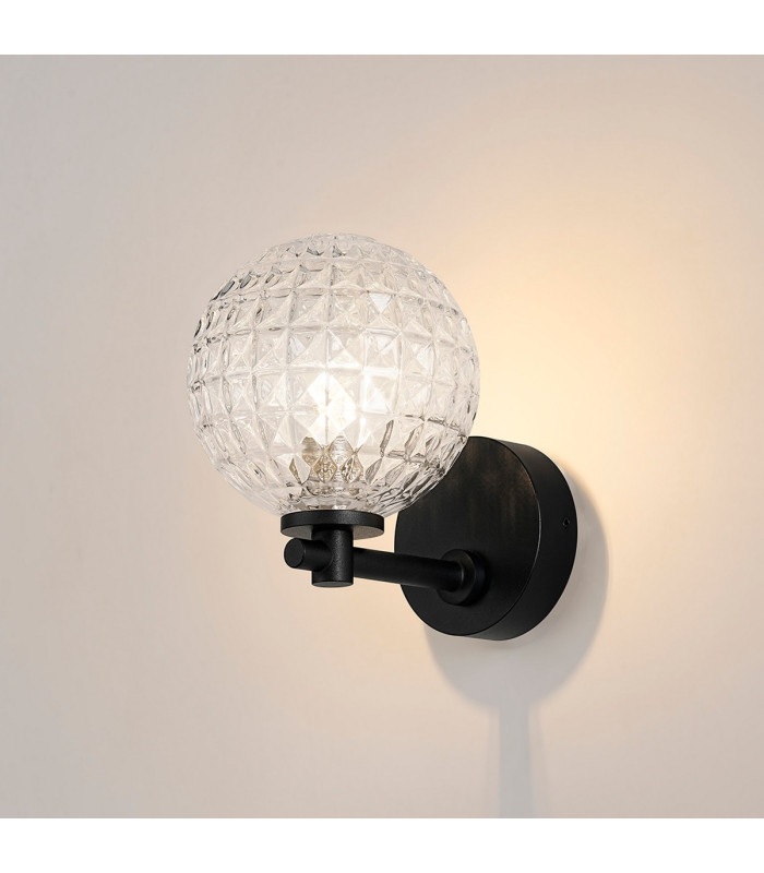 Tivoli Short Arm Wall Light 1 Light G9 IP44 Satin Black/Clear Cross Pattern Round Glass-3