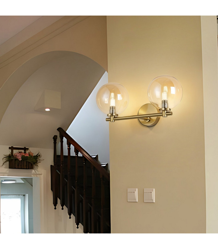Tivoli Short Arm Wall Light 2 Light G9 IP44 Brass Gold/Amber Smooth Round Glass-4