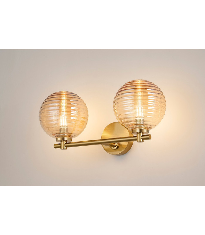 Tivoli Short Arm Wall Light 2 Light G9 IP44 Brass Gold/Amber Ribbed Round Glass-3