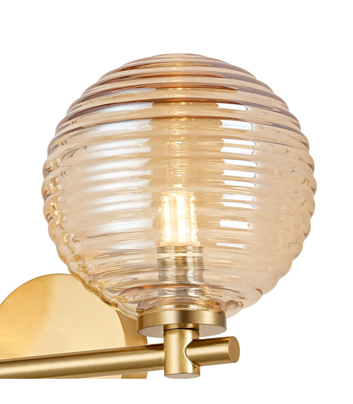 Tivoli Short Arm Wall Light 2 Light G9 IP44 Brass Gold/Amber Ribbed Round Glass-6