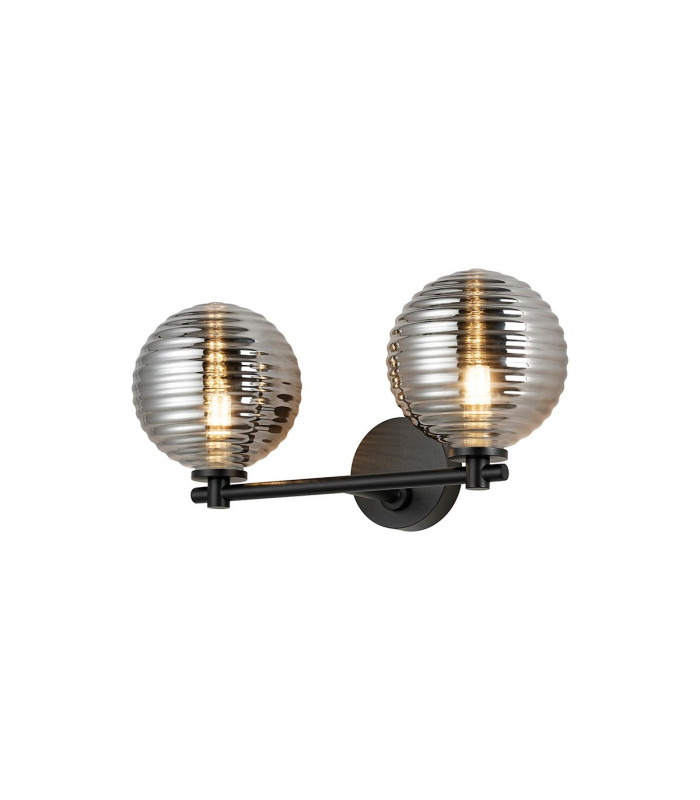Tivoli Short Arm Wall Light 2 Light G9 IP44 Satin Black/Smoke Ribbed Round Glass-1