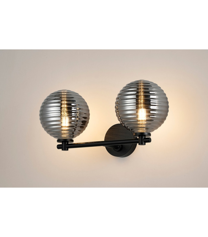 Tivoli Short Arm Wall Light 2 Light G9 IP44 Satin Black/Smoke Ribbed Round Glass-3