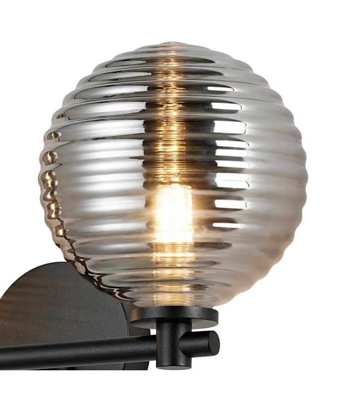 Tivoli Short Arm Wall Light 2 Light G9 IP44 Satin Black/Smoke Ribbed Round Glass-7