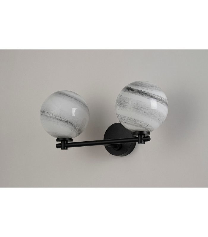 Tivoli Short Arm Wall Light 2 Light G9 IP44 Satin Black/Grey Round Marble Effect Glass-8