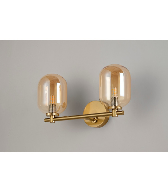 Tivoli Short Arm Wall Light 2 Light G9 IP44 Brass Gold/Amber Smooth Tubular Glass-8