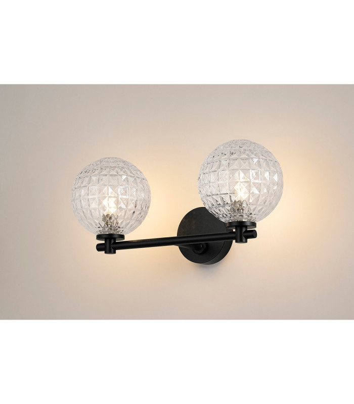 Tivoli Short Arm Wall Light 2 Light G9 IP44 Satin Black/Clear Cross Pattern Round Glass-3