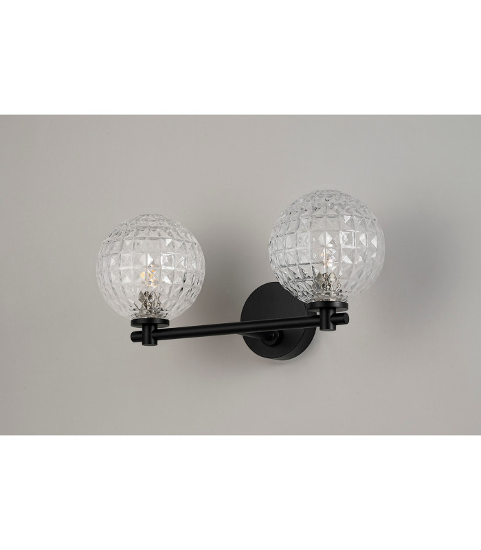 Tivoli Short Arm Wall Light 2 Light G9 IP44 Satin Black/Clear Cross Pattern Round Glass-8