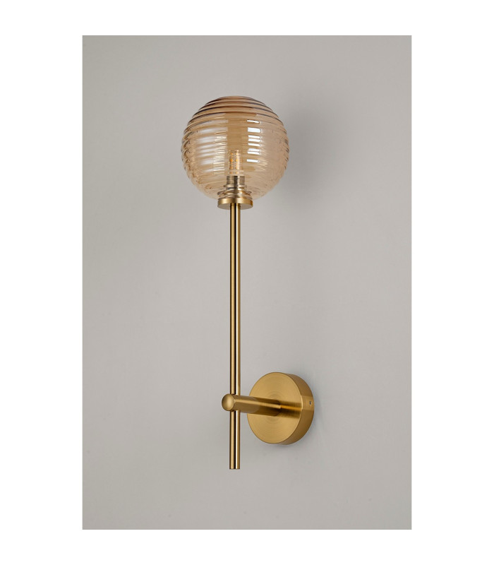 Tivoli Tall Arm Wall Light 1 Light G9 IP44 Brass Gold/Amber Ribbed Round Glass-7