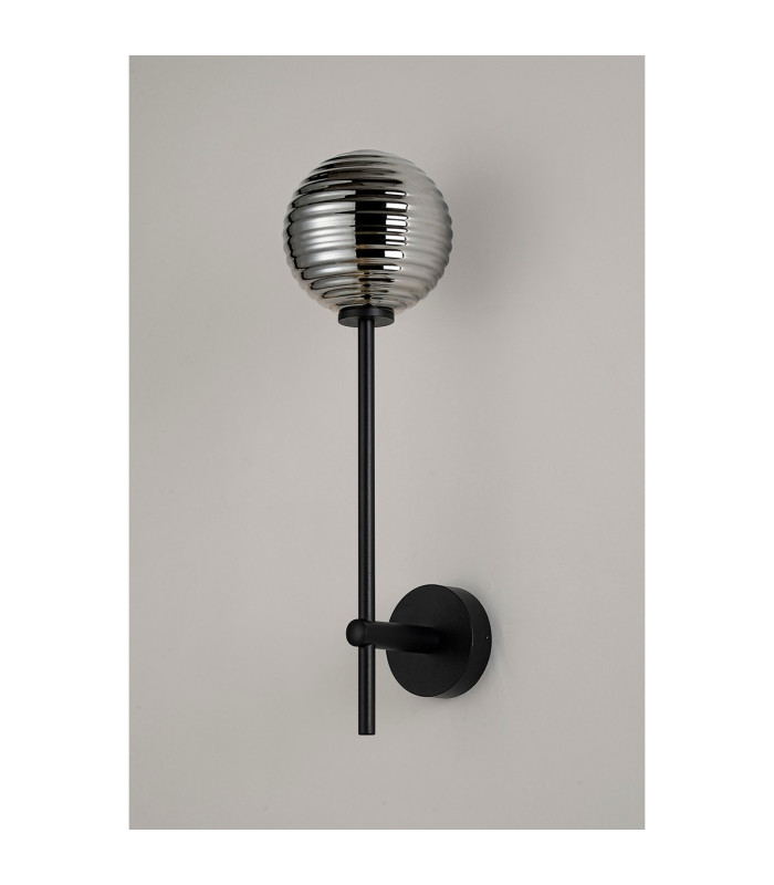 Tivoli Tall Arm Wall Light 1 Light G9 IP44 Satin Black/Smoke Ribbed Round Glass-7