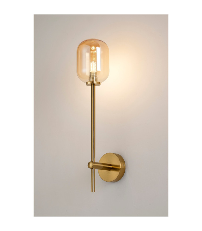 Tivoli Tall Arm Wall Light 1 Light G9 IP44 Brass Gold/Amber Smooth Tubular Glass-3