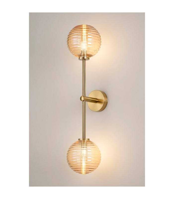 Tivoli Tall Arm Wall Light 2 Light G9 IP44 Brass Gold/Amber Ribbed Round Glass-3