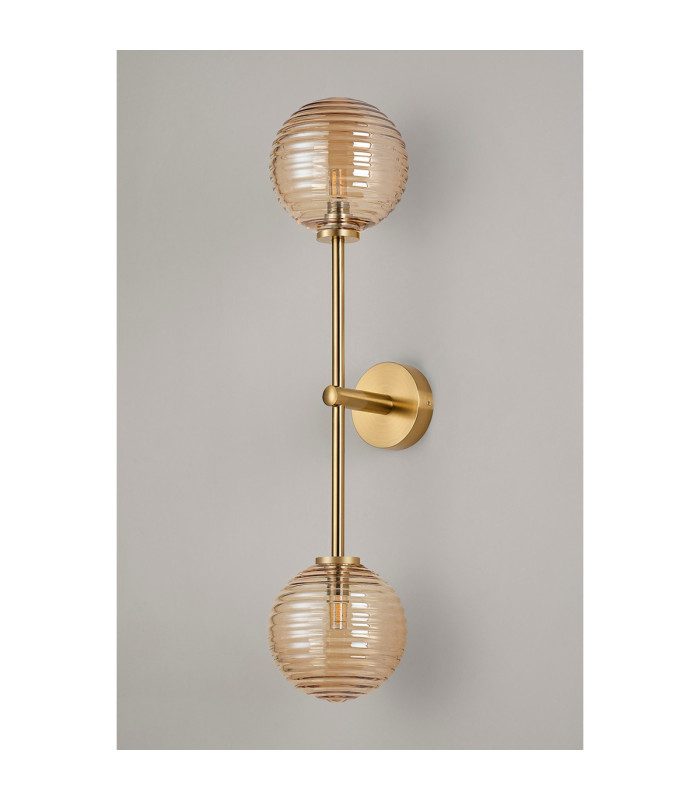 Tivoli Tall Arm Wall Light 2 Light G9 IP44 Brass Gold/Amber Ribbed Round Glass-10