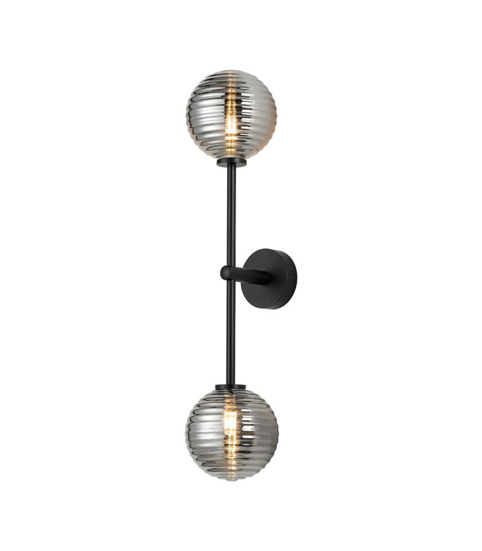 Tivoli Tall Arm Wall Light 2 Light G9 IP44 Satin Black/Smoke Ribbed Round Glass-1
