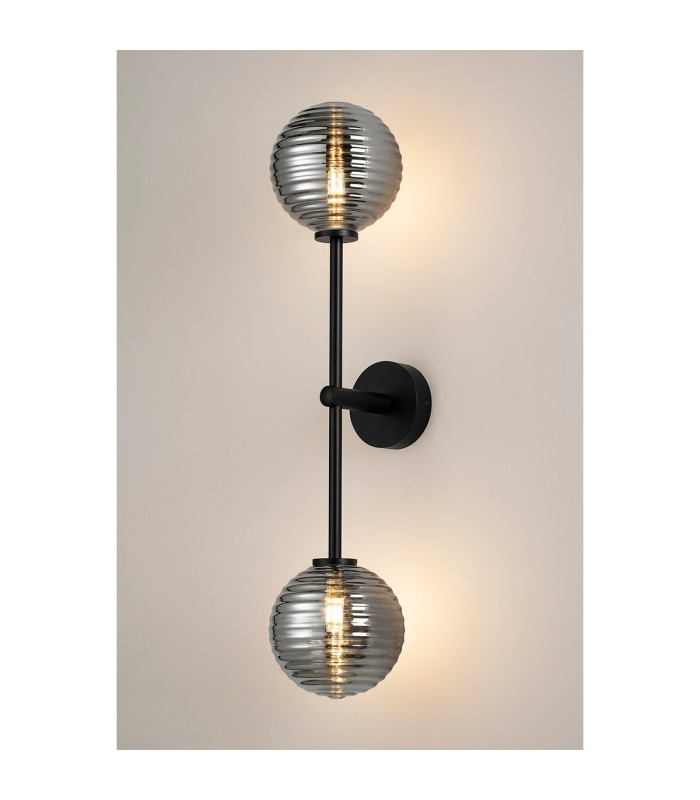 Tivoli Tall Arm Wall Light 2 Light G9 IP44 Satin Black/Smoke Ribbed Round Glass-3