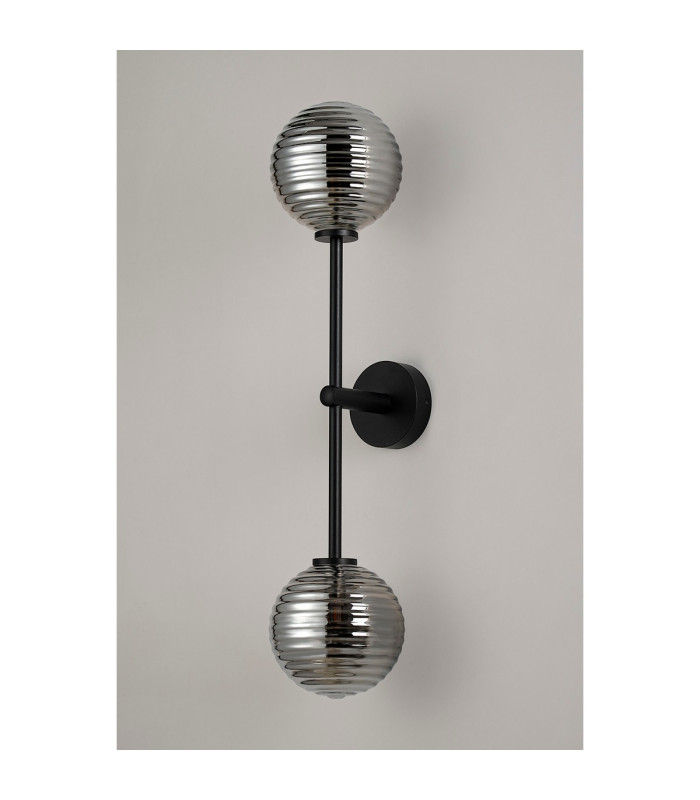 Tivoli Tall Arm Wall Light 2 Light G9 IP44 Satin Black/Smoke Ribbed Round Glass-10