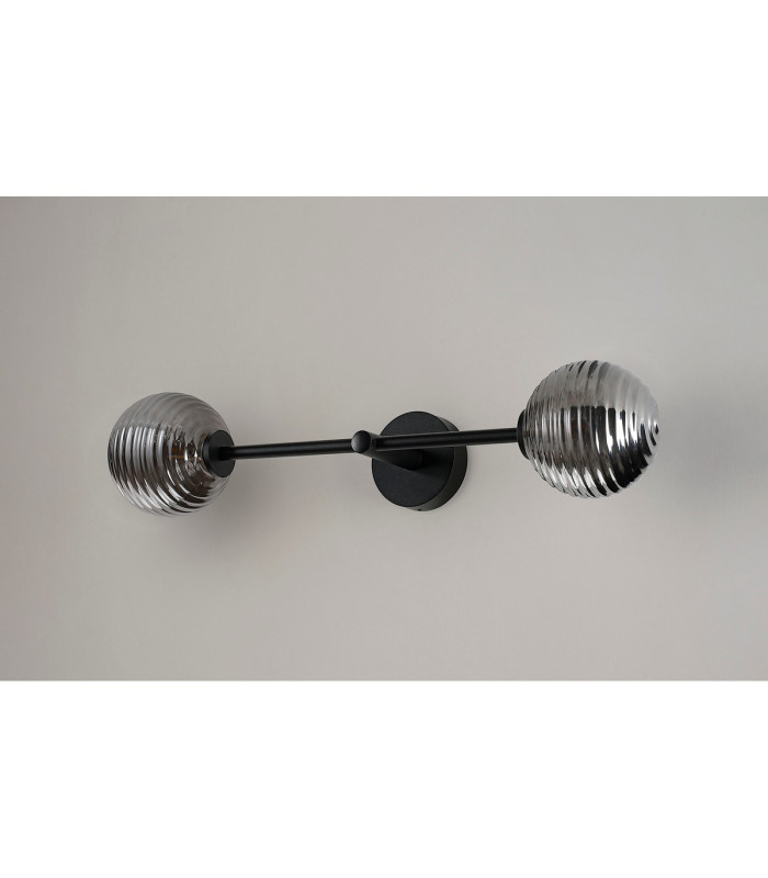 Tivoli Tall Arm Wall Light 2 Light G9 IP44 Satin Black/Smoke Ribbed Round Glass-12