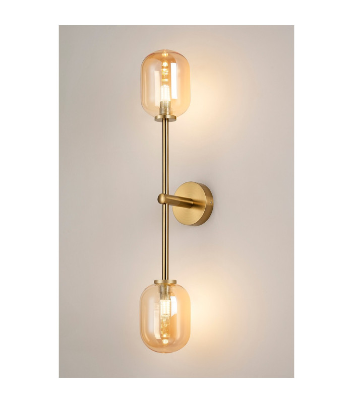 Tivoli Tall Arm Wall Light 2 Light G9 IP44 Brass Gold/Amber Smooth Tubular Glass-3