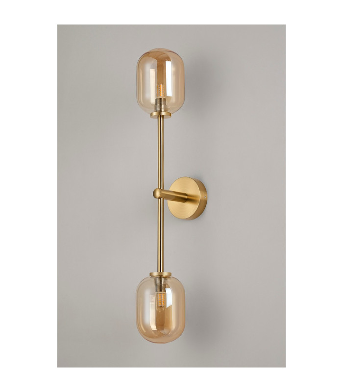 Tivoli Tall Arm Wall Light 2 Light G9 IP44 Brass Gold/Amber Smooth Tubular Glass-10