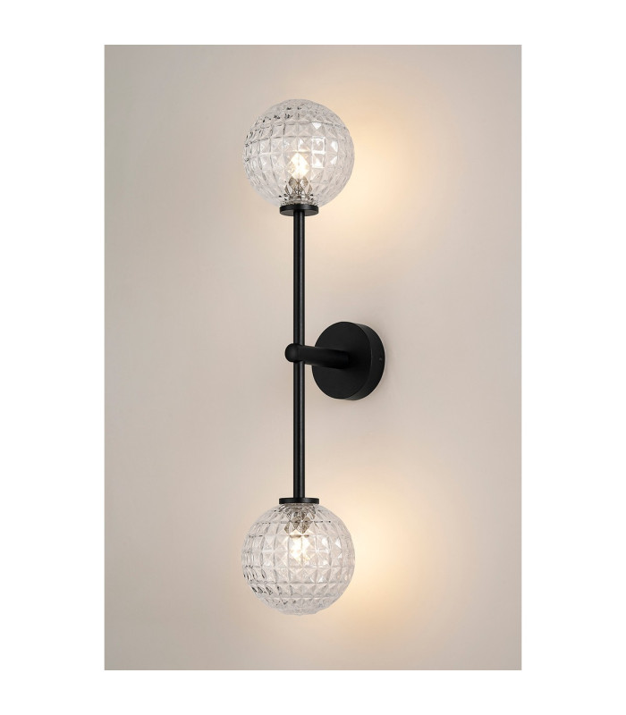 Tivoli Tall Arm Wall Light 2 Light G9 IP44 Satin Black/Clear Cross Pattern Round Glass-3