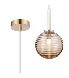 Tivoli 12cm Adjustable Pendant 1 Light G9 IP44 Brass Gold/Amber Ribbed Round Glass-1