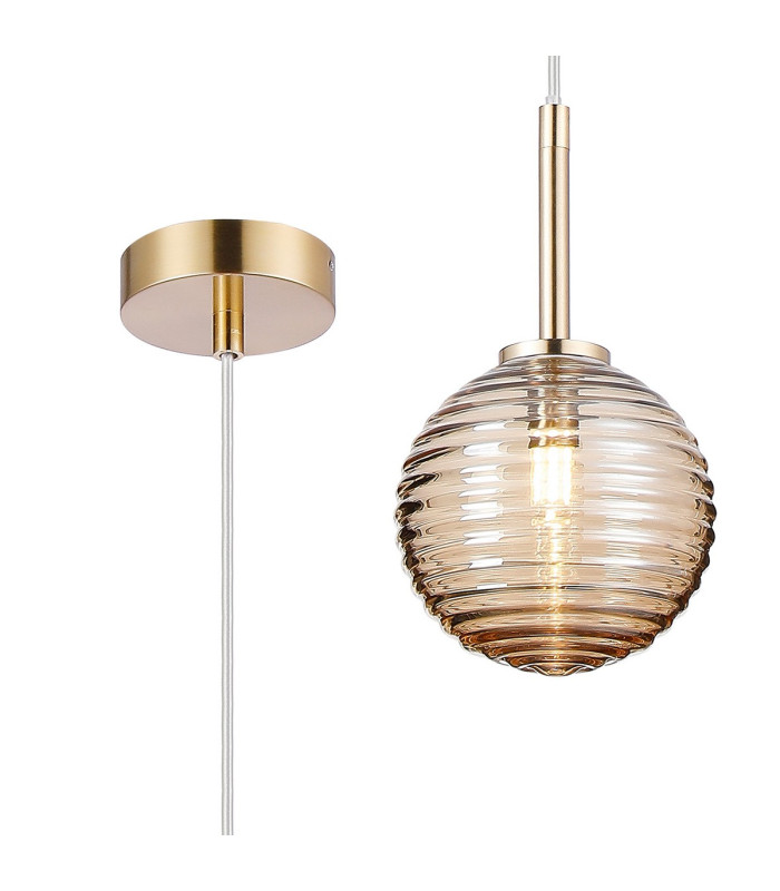Tivoli 12cm Adjustable Pendant 1 Light G9 IP44 Brass Gold/Amber Ribbed Round Glass-1