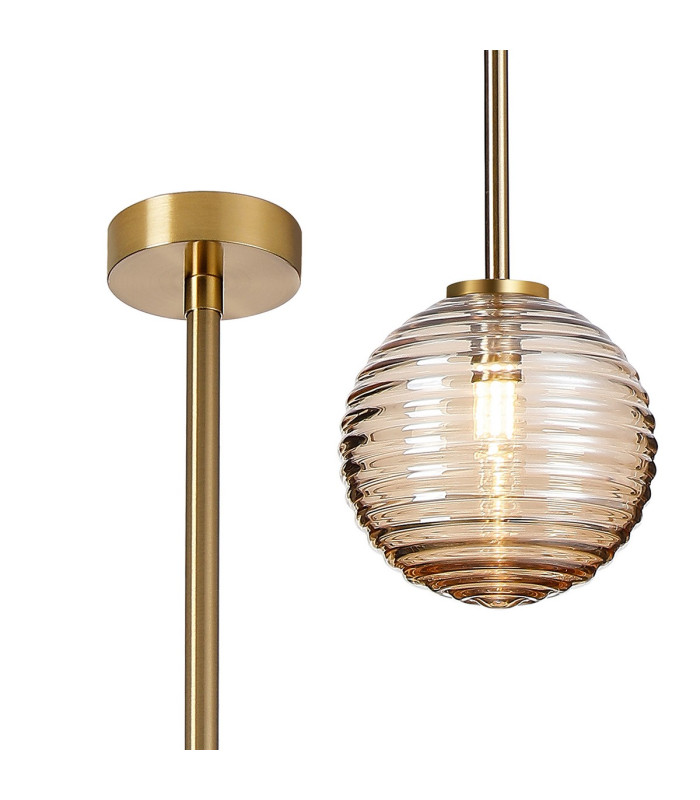 Tivoli 12cm Telescopic Pendant 1 Light G9 IP44 Brass Gold/Amber Ribbed Round Glass-1
