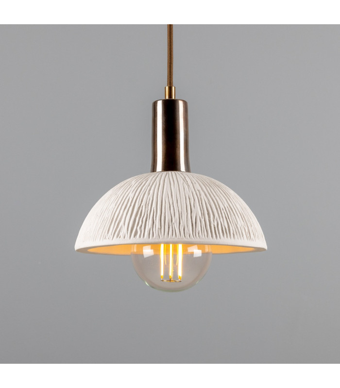 Kauri Dome Pendant Matte White Striped Antique Brass-5