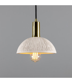 Kauri Dome Pendant Matte White Striped Polished Brass-1