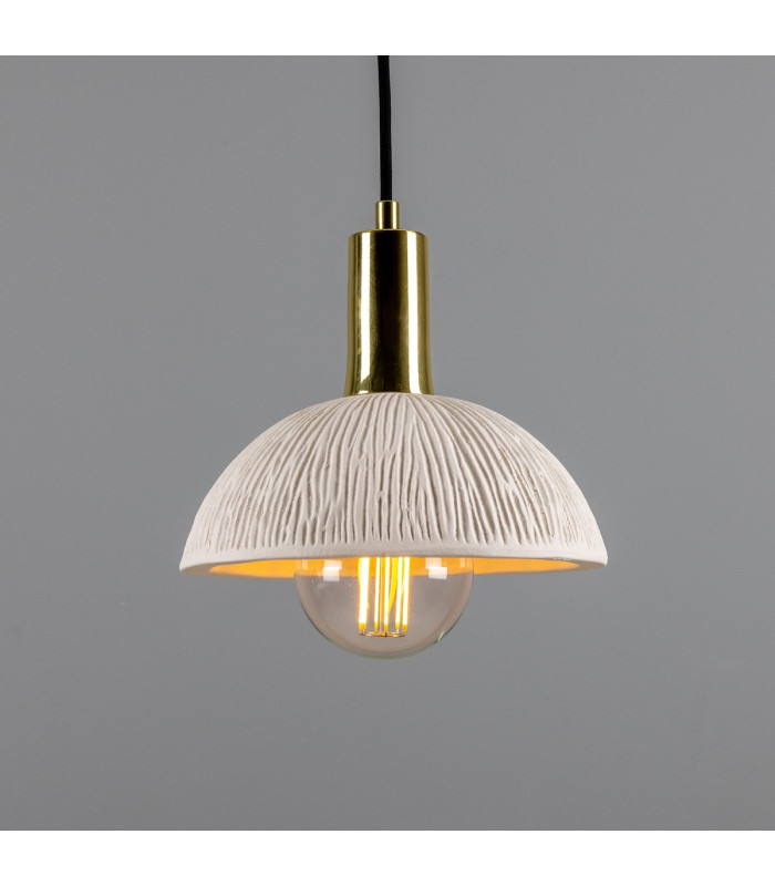 Kauri Dome Pendant Matte White Striped Polished Brass-5