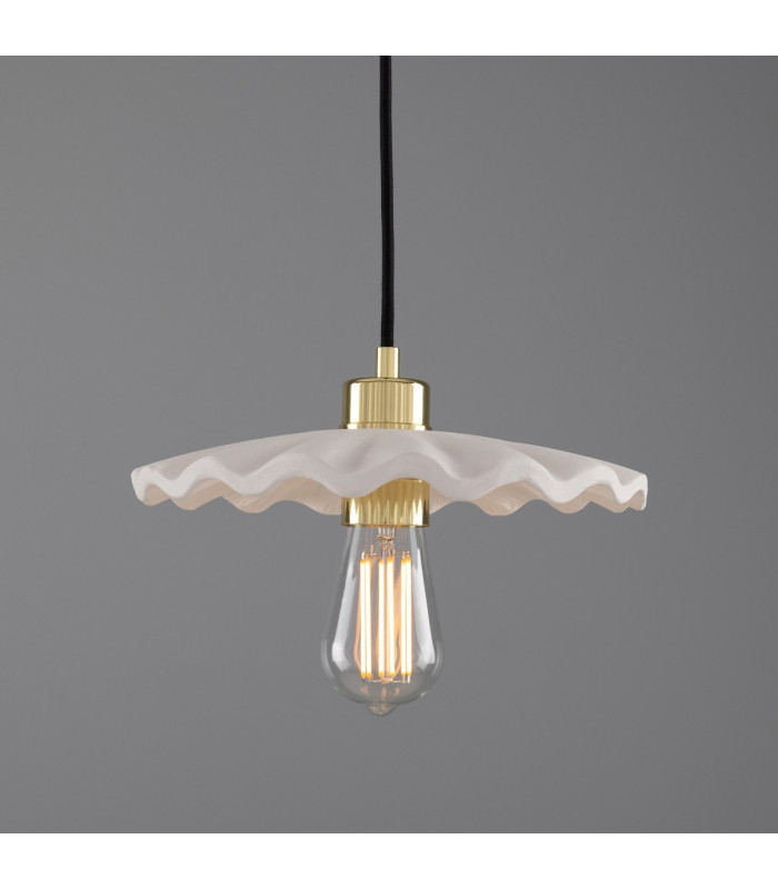 Kapok Dome Pendant Matte White Striped Polished Brass-1