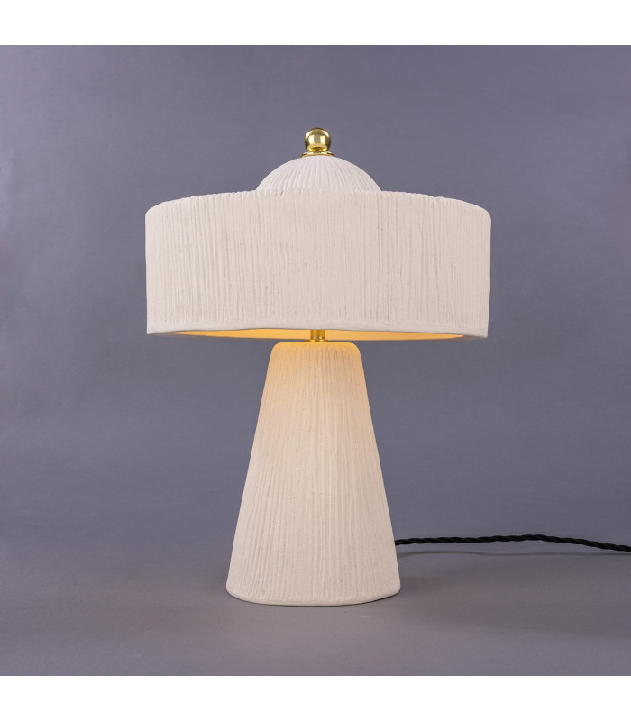 Seville Ceramic Table Lamp|Matt White Striped Polished Brass-1