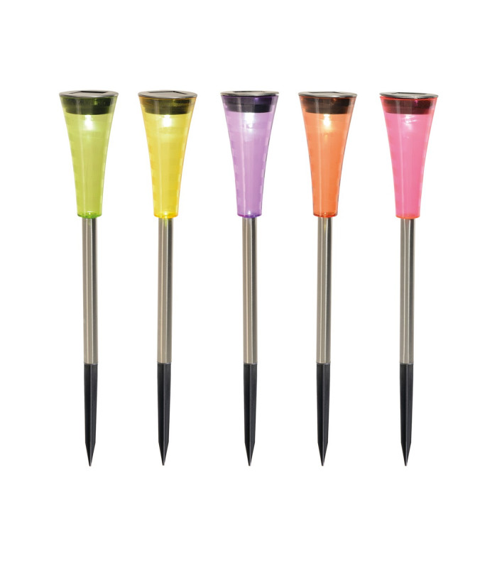 Multi Set of 5 LED Solar Outdoor Spike Multi Colour Dawn to Dusk Sensor 5500K IP44-1