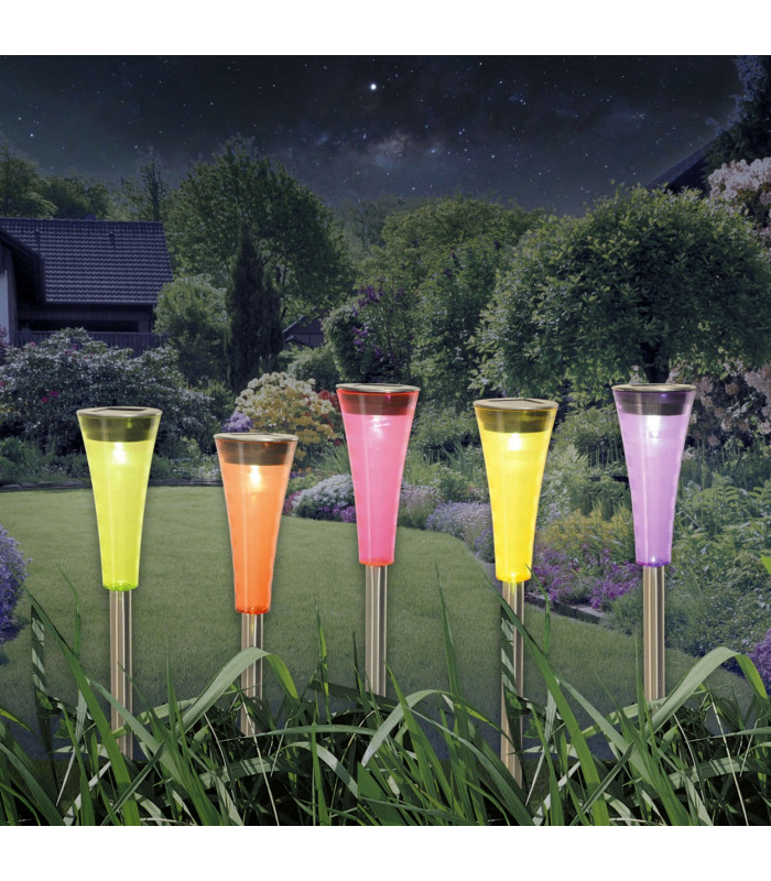 Multi Set of 5 LED Solar Outdoor Spike Multi Colour Dawn to Dusk Sensor 5500K IP44-3