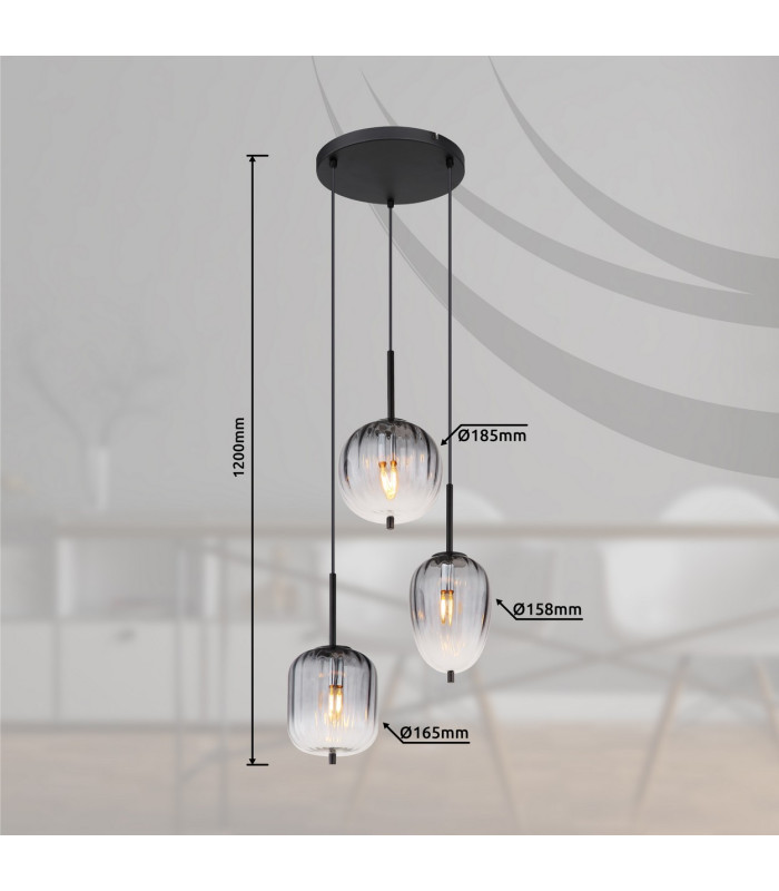 Attila Cluster Pendant Ceiling Light Matt Black Smoke Glass Shade 3x E14-7
