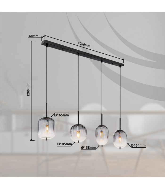 Attila Bar Pendant Ceiling Light Matt Black Smoke Glass Shade 4x E14-11