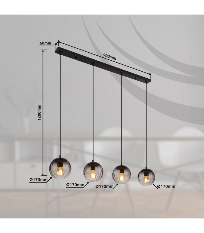 Dallerta Bar Pendant Ceiling Light Matt Black Smoke Glass Shade 4x E27-8