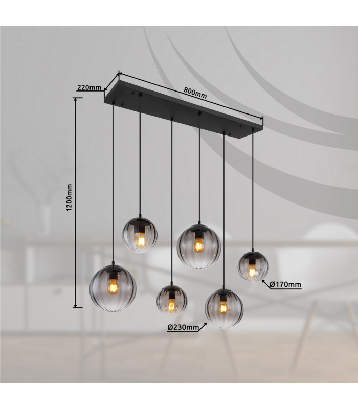 Dallerta Cluster Pendant Ceiling Light Matt Black Smoke Glass Shade 6x E27-8