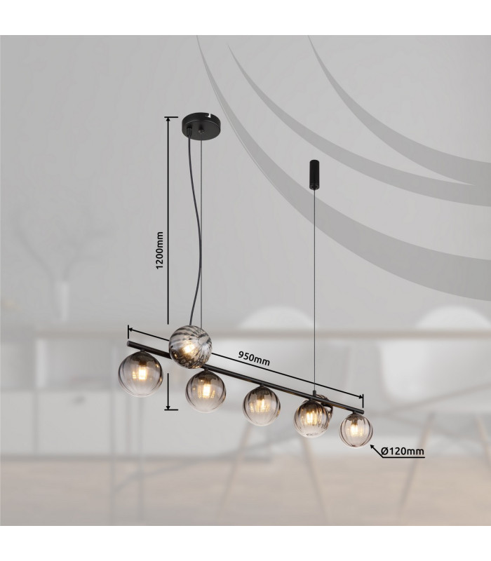 Dallerta Bar Pendant Ceiling Light Matt Black Smoke Glass Shade 7x G9-9