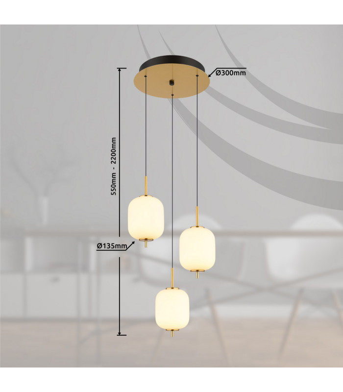 Ewald Cluster Pendant Ceiling Light Brass-Coloured Opal Glass Shade 3x LED 3000K-7