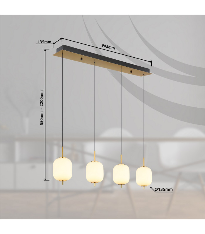 Ewald Bar Pendant Ceiling Light Brass-Coloured Opal Glass Shade 4x LED 3000K-7