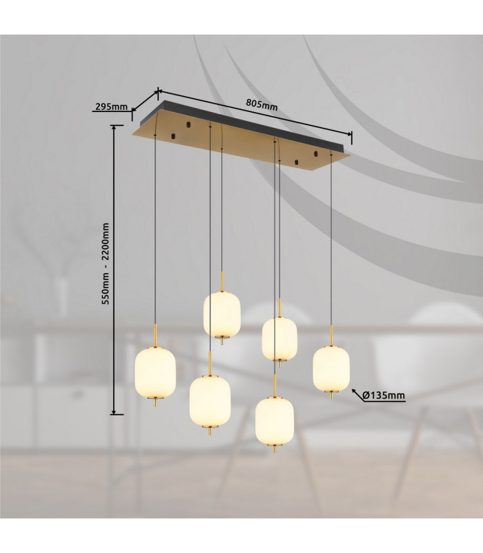 Ewald Cluster Pendant Ceiling Light Brass-Coloured Opal Glass Shade 6x LED 3000K-7