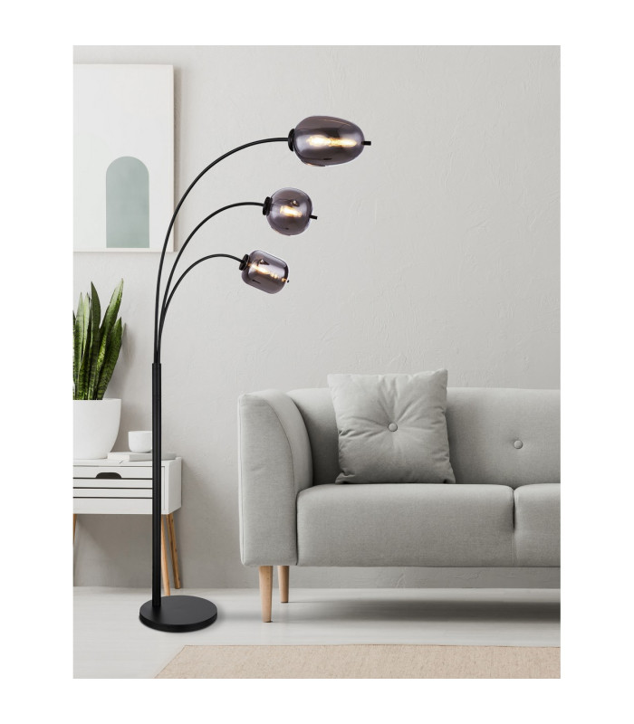 Blacky Arc Multi Arm Floor Lamp Matt Black Smoke Glass Shade 3x E14-5