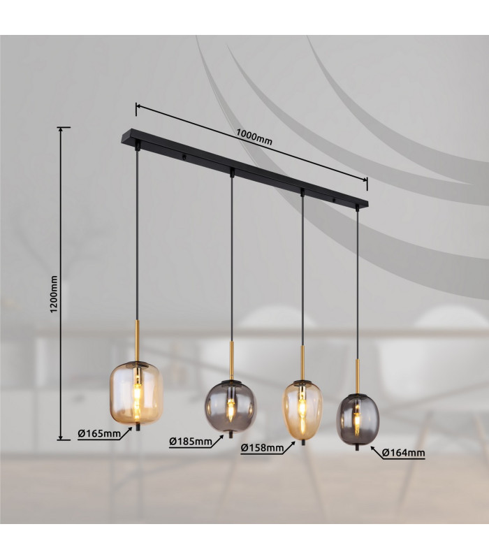 Blacky Bar Pendant Ceiling Light Matt Black Smoke Glass Shade 4x E14-7
