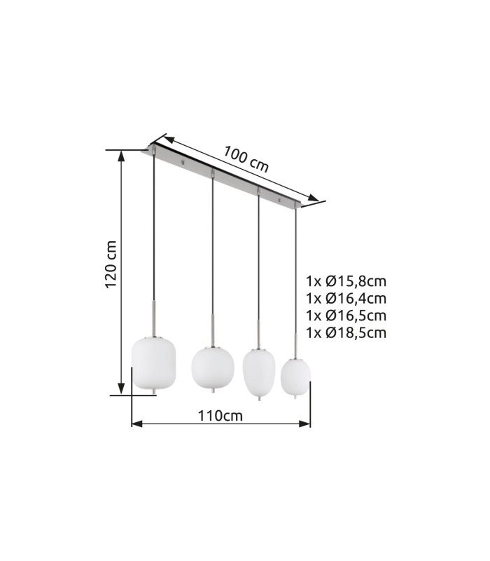 Blacky I Bar Pendant Ceiling Light Nickel Matt Opal Glass Shade 4x E14-7