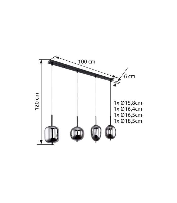 Blacky Bar Pendant Ceiling Light Black Glass Shade 4x E14-5