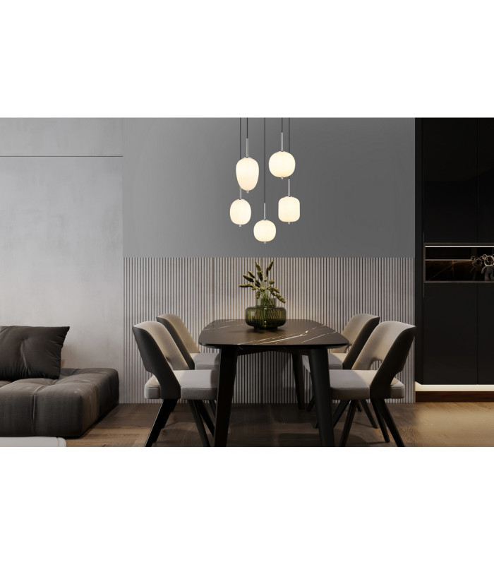 Blacky I Cluster Pendant Ceiling Light Nickel Matt Opal Glass Shade 5x E14-5